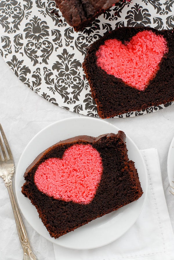 slices of Hidden Heart Valentines Pound Cake on plates