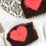 Hidden Heart Valentine's Pound Cake. Chocolate loaf cake with a cherry pound cake heart hidden in the middle! - BoulderLocavore.com