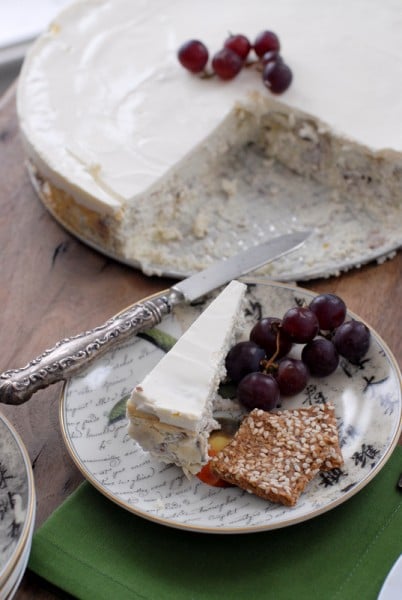 A slice of savory blue cheese cake on a plate