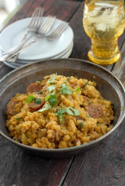 Spicy Roasted Poblano Red Lentils with Sausage 