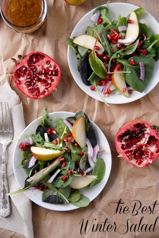 The Best Winter Salad with halved pomegranates