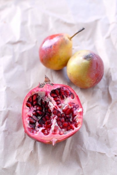 halved Pomegranate and pears