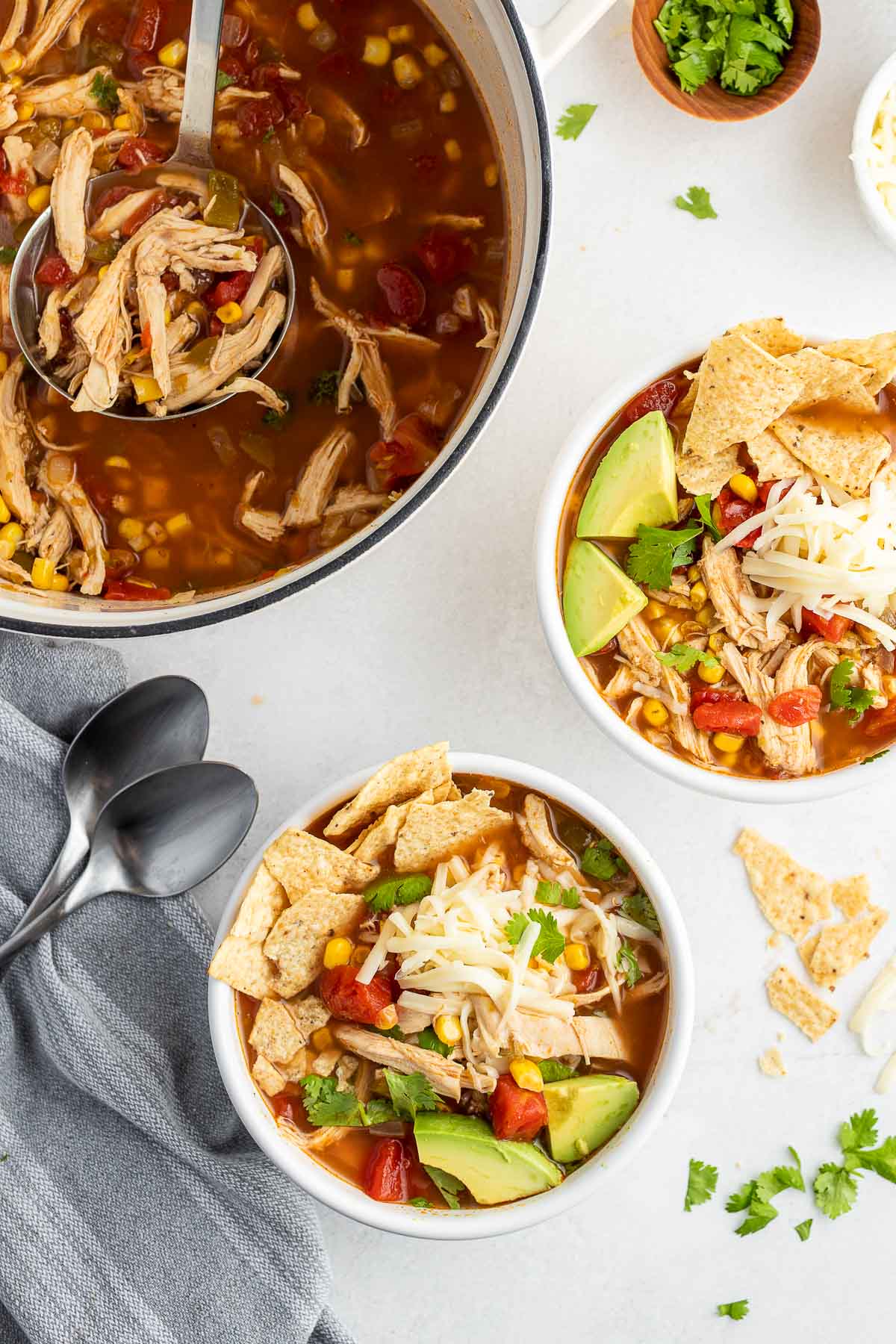 chicken tortilla soup in bowls 