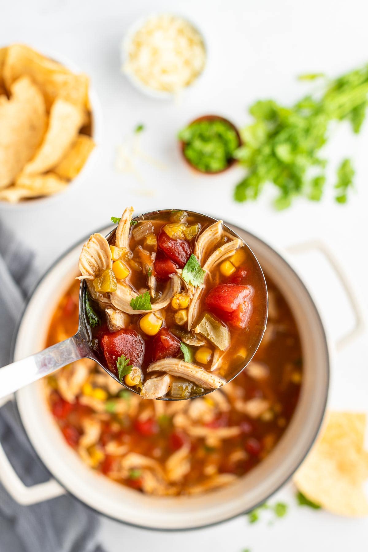 chicken tortilla soup in ladle