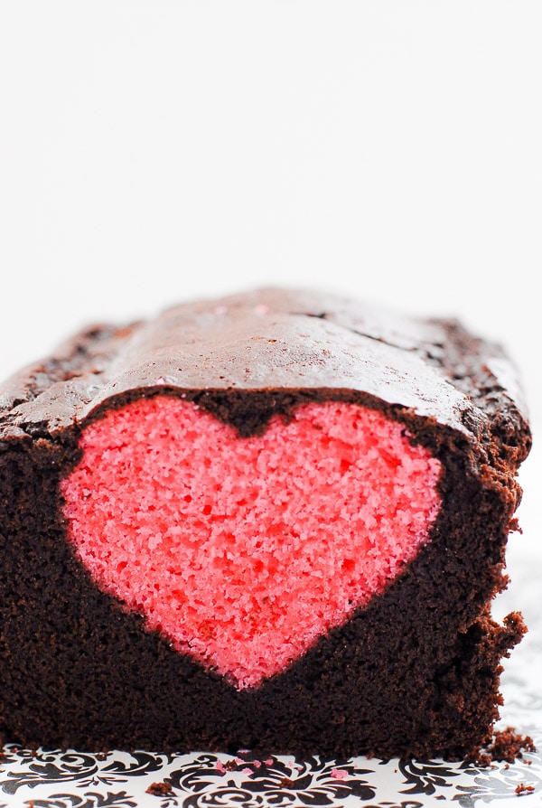 chocolate pound cake with pink heart inside