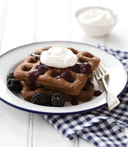 Chocolate Brownie Waffles with Blackberry Sauce from Breakfast for Dinner Cookbook (Quirk Books)