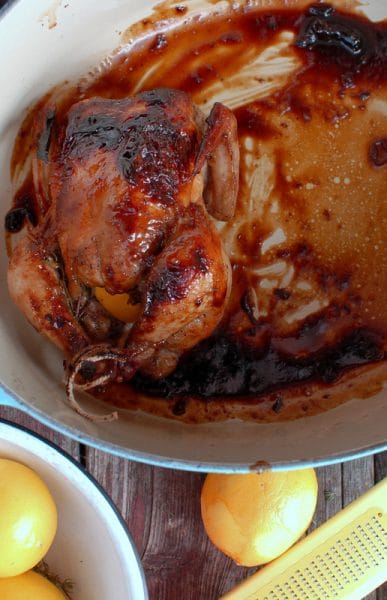 A close up of food on a plate, with Cornish game hen 