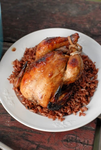 Plum Balsamic Glazed Cornish Game Hens with rice