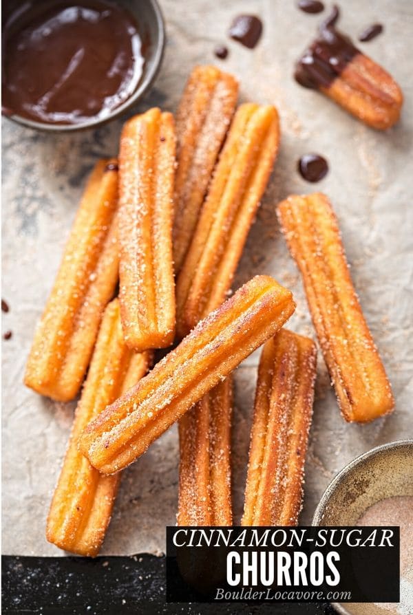 Churros with chocolate dipping sauce and recipe title label