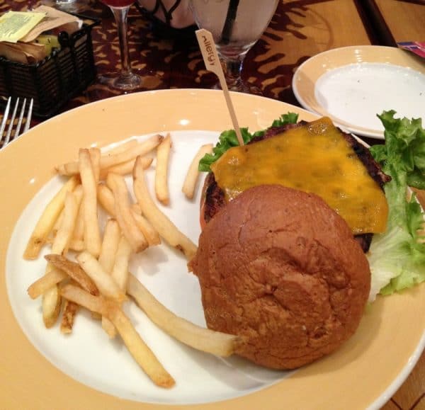 Clearly marked Gluten-Free Cheeseburger and fries at the Storyteller Cafe {Grand Californian Hotel - Disneyland|}