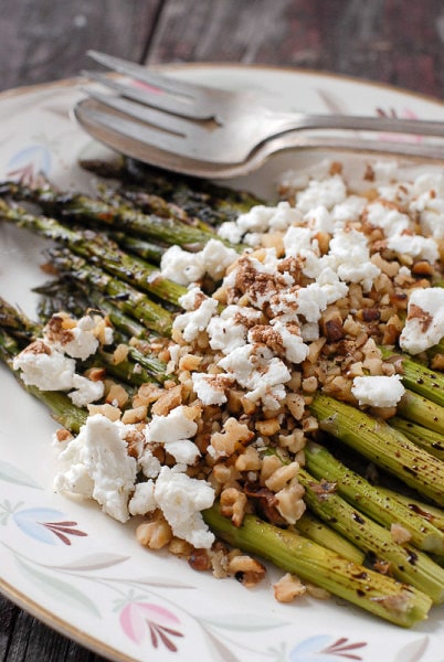 Roasted Balsamic Asparagus with Goat Cheese and Toasted Walnuts closeup
