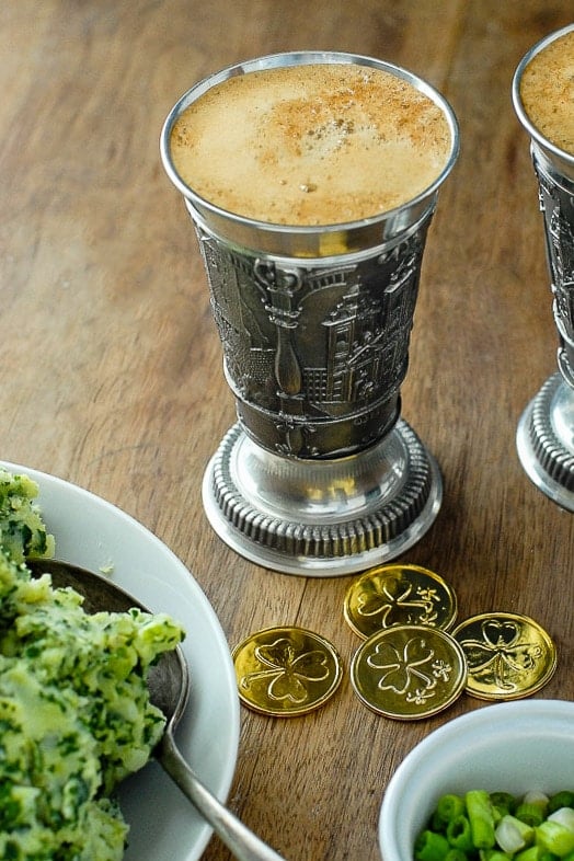Irish pewter goblet of beer with Colcannon