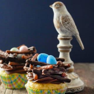 Chocolate Bird's Nest Cupcakes in colorful papers and blue eggs with wooden bird (easter cupcakes)