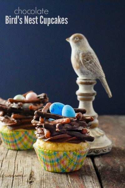Chocolate Bird\'s Nest Cupcakes in colorful papers and blue eggs with wooden bird (easter cupcakes)