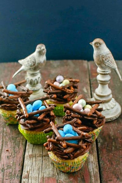 Chocolate Bird\'s Nest Cupcakes with blue chocolate eggs and wooden birds in background