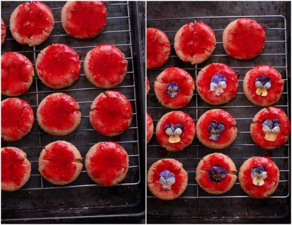 Raspberry-Vanilla Glazed Sugar Cookies with Sugared Pansies on wire rack