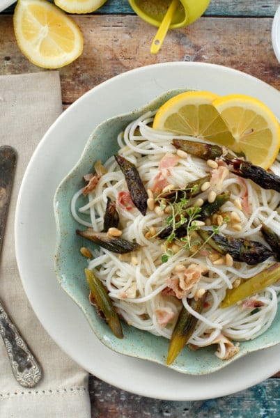 Lemony Purple Asparagus Pancetta Pasta close up