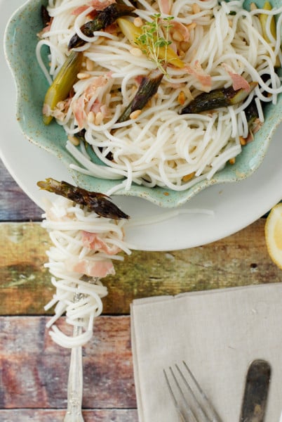 Lemony Purple Asparagus Pancetta Pasta on a fork