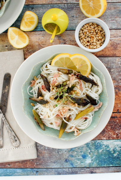 Lemony Purple Asparagus Pancetta Pasta in a bowl