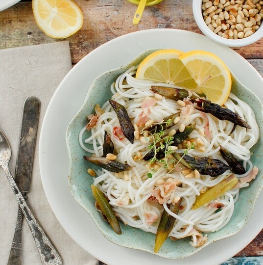Lemony Purple Asparagus Pancetta Pasta