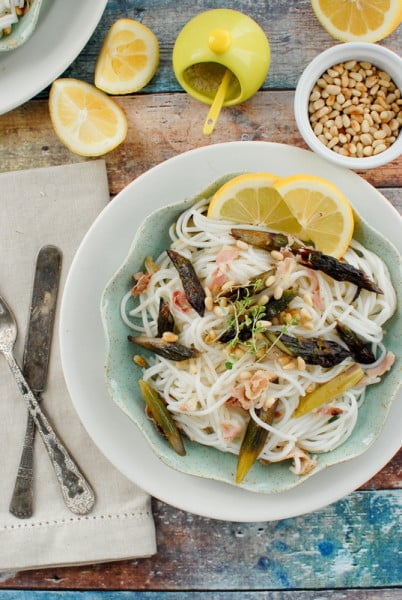 Lemony Purple Asparagus Pancetta Pasta with lemons