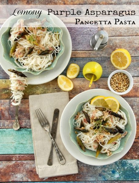 Lemony Purple Asparagus Pancetta Pasta on blue plates