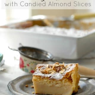{Gluten-Free} Blood Orange Magic Cake with Candied Almond Slices