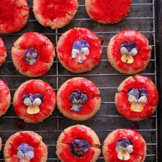 Raspberry-Vanilla glazed Sugar cookies with Sugared Pansies