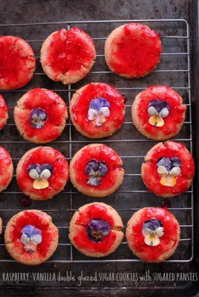 Raspberry-Vanilla glazed Sugar cookies with Sugared Pansies