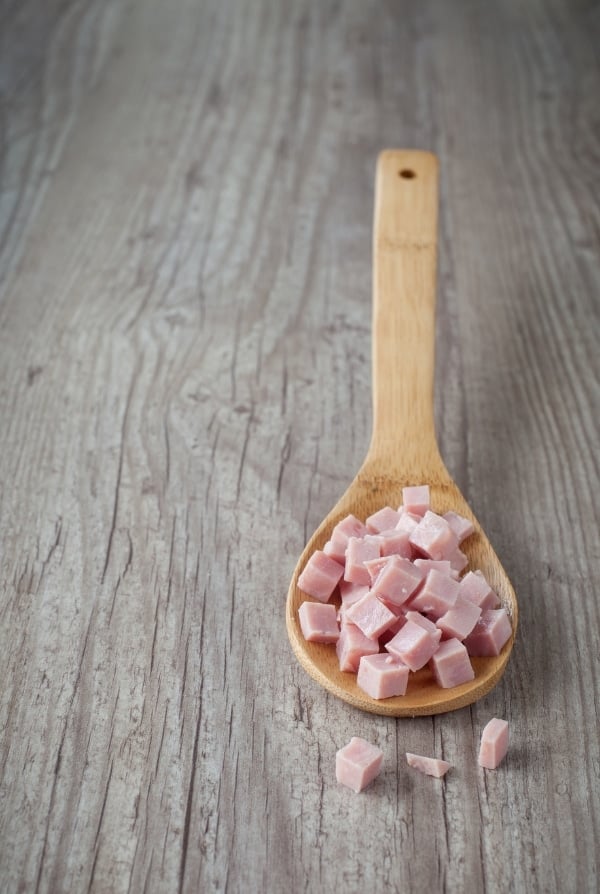 chopped ham on spoon