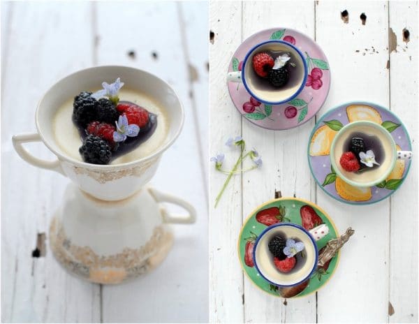 Teacup Panna Cotta with Creme de Violette syrup in colorful cups