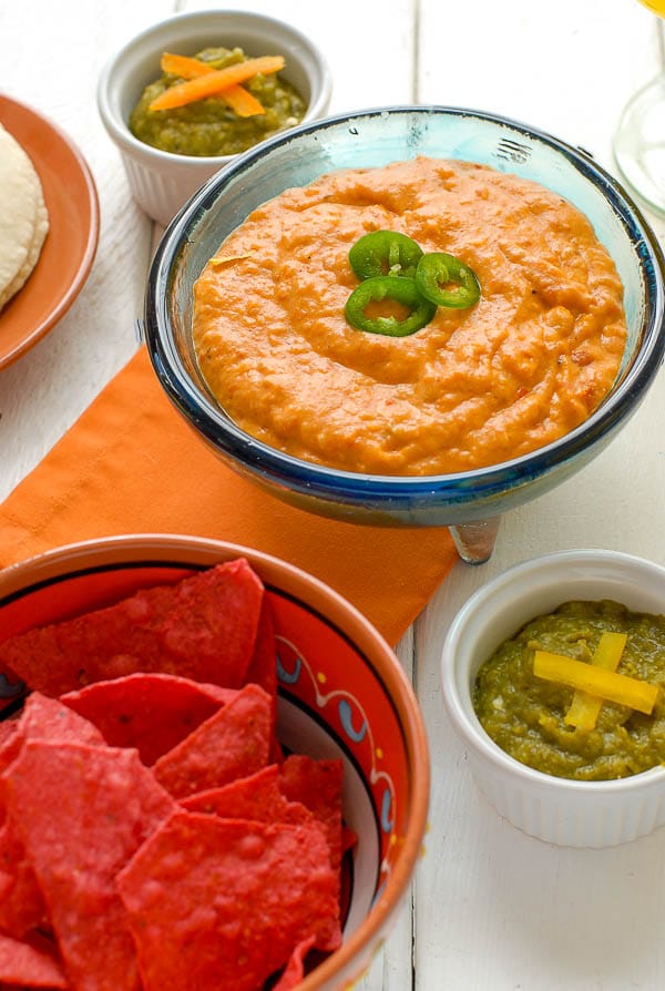 Chile con Queso, Roasted Jalapeno Salsa with red corn chips