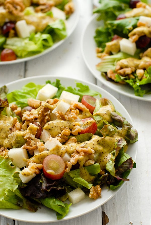 Fresh and flavorful Red Grape Jicama Walnut Salad with Mango-Jalapeno Poppy Seed Dressing 