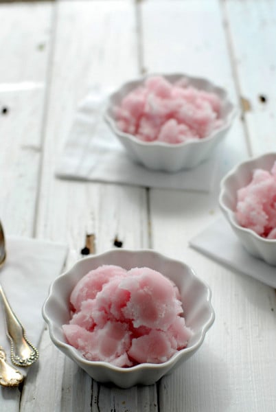 Pink Lemonade Lavender Thyme Sorbet in white bowls