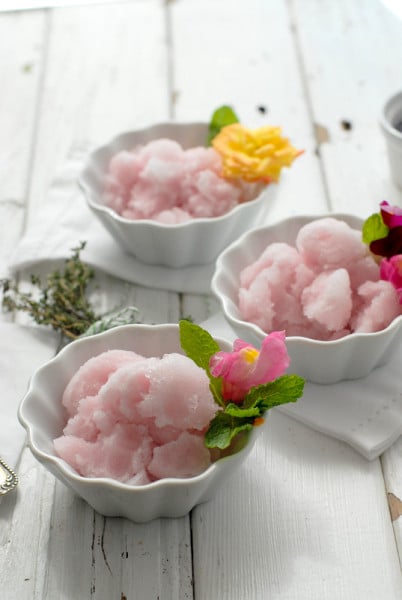 Pink Lemonade Lavender Thyme Sorbet with edible flowers