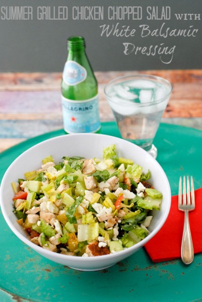 Summer Grilled Chicken Chopped Salad in large white bowl