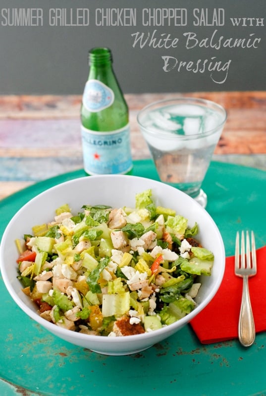 Summer Grilled Chicken Chopped Salad in large white bowl