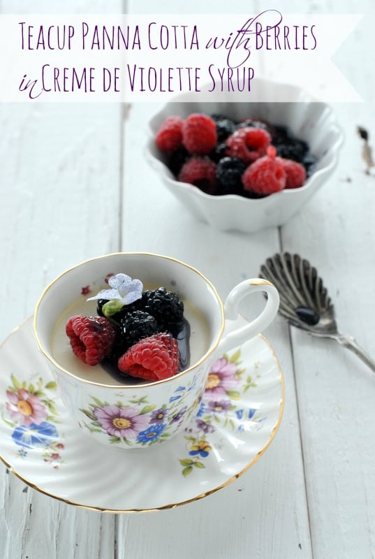 Teacup Panna Cotta with Berries in Creme de Violette syrup side view