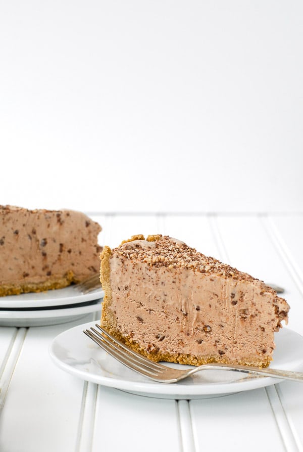 Chocolate Hazelnut Toffee Ice Cream Pie slices on plate