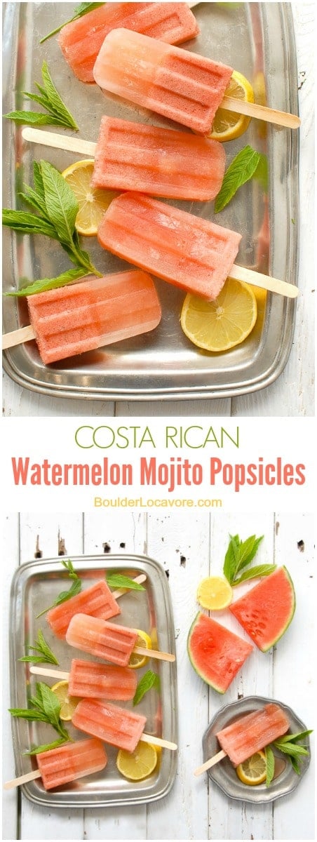 Frosty Costa Rican Watermelon Mojito Popsicles, boozy popsicles with lemon slices, fresh mint on a pewter tray