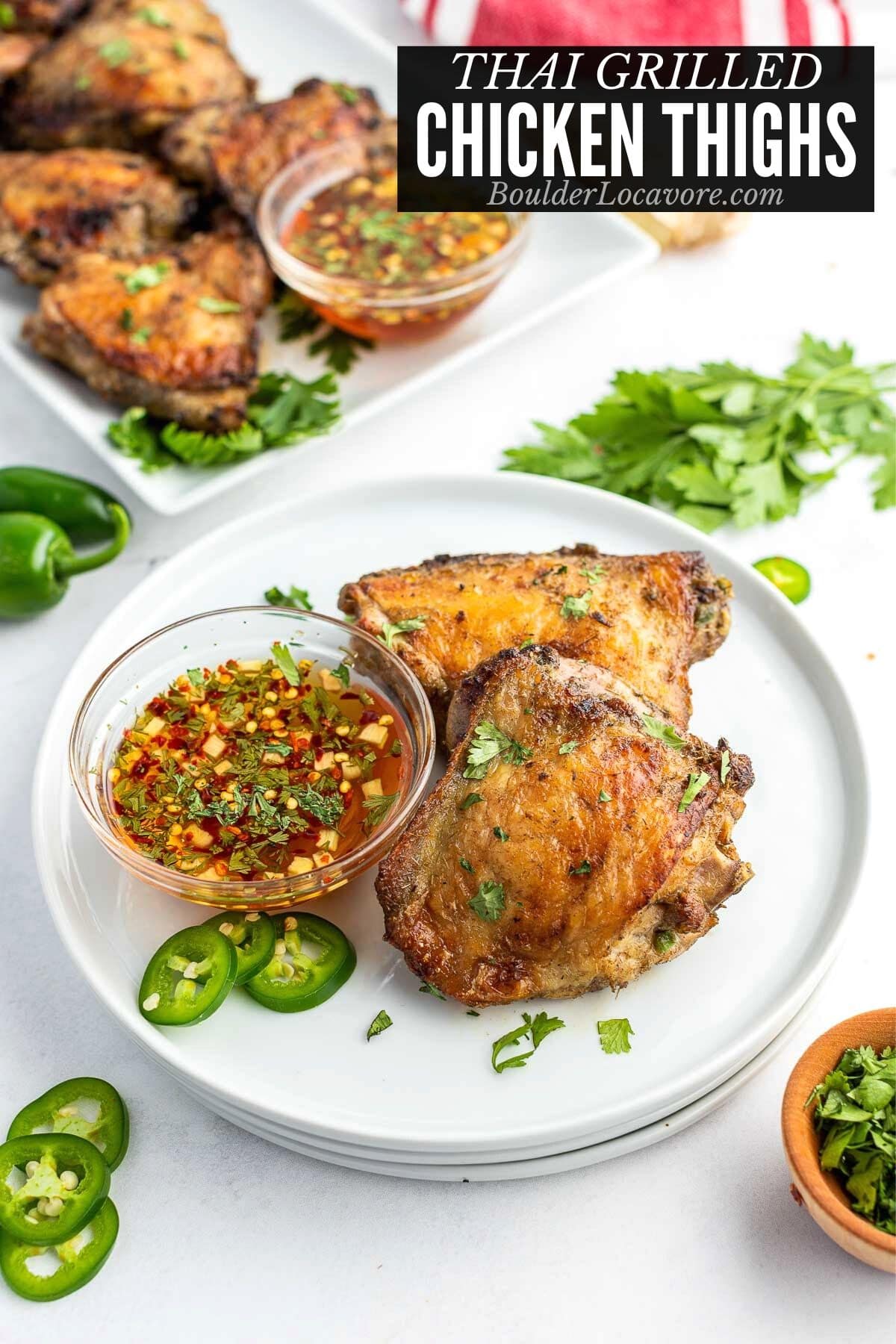 GRILLED CHICKEN THIGHS with dipping sauce and recipe title text
