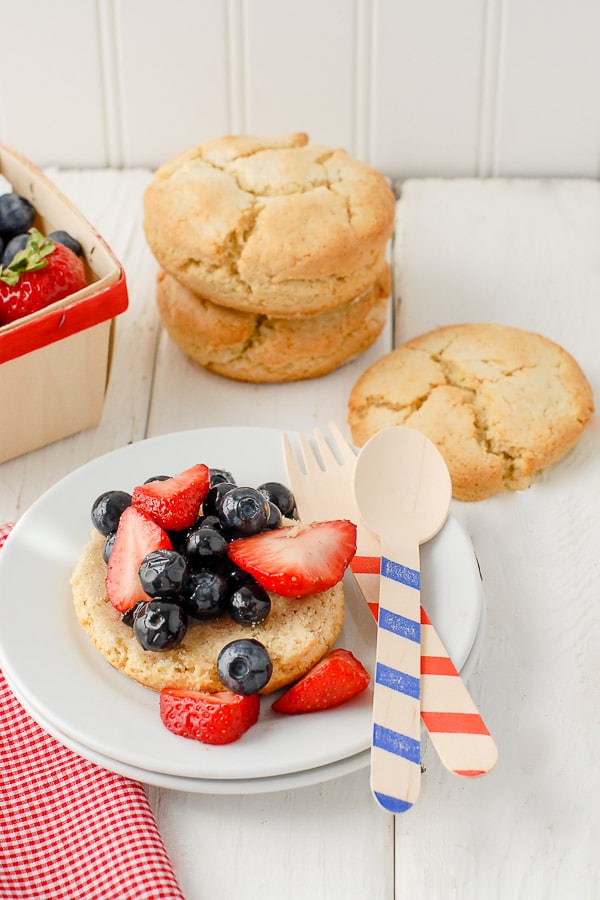 Berry shortcake dessert with red, white and blue utensils