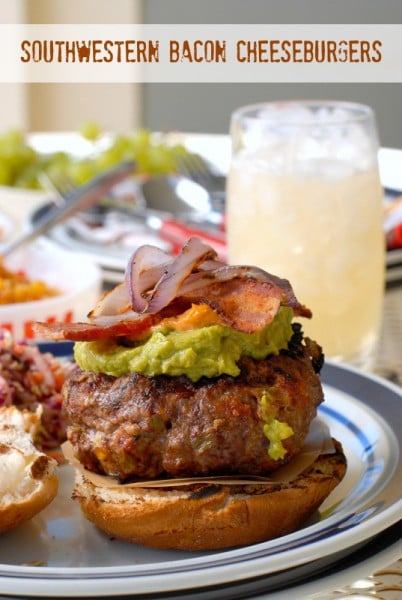 Southwestern Bacon Cheeseburgers with guacamole and bacon