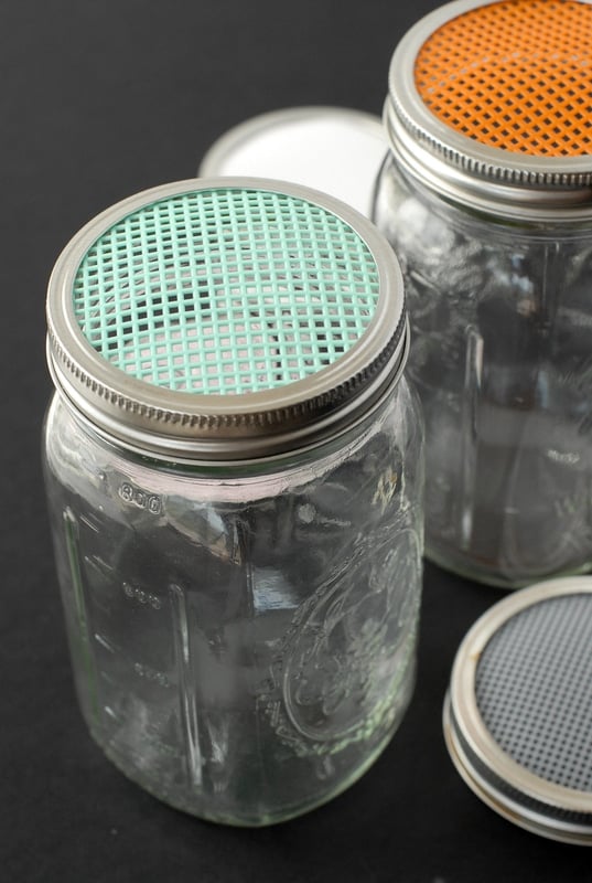 Homemade Sprouting Jars with colorful plastic canvas lid inserts 