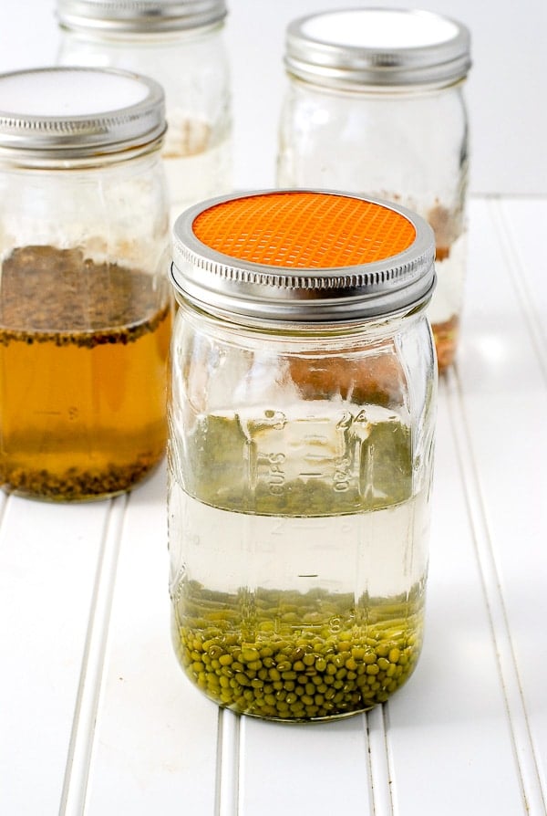 mung beans soaking in homemade sprouting jar for sprouting step 1