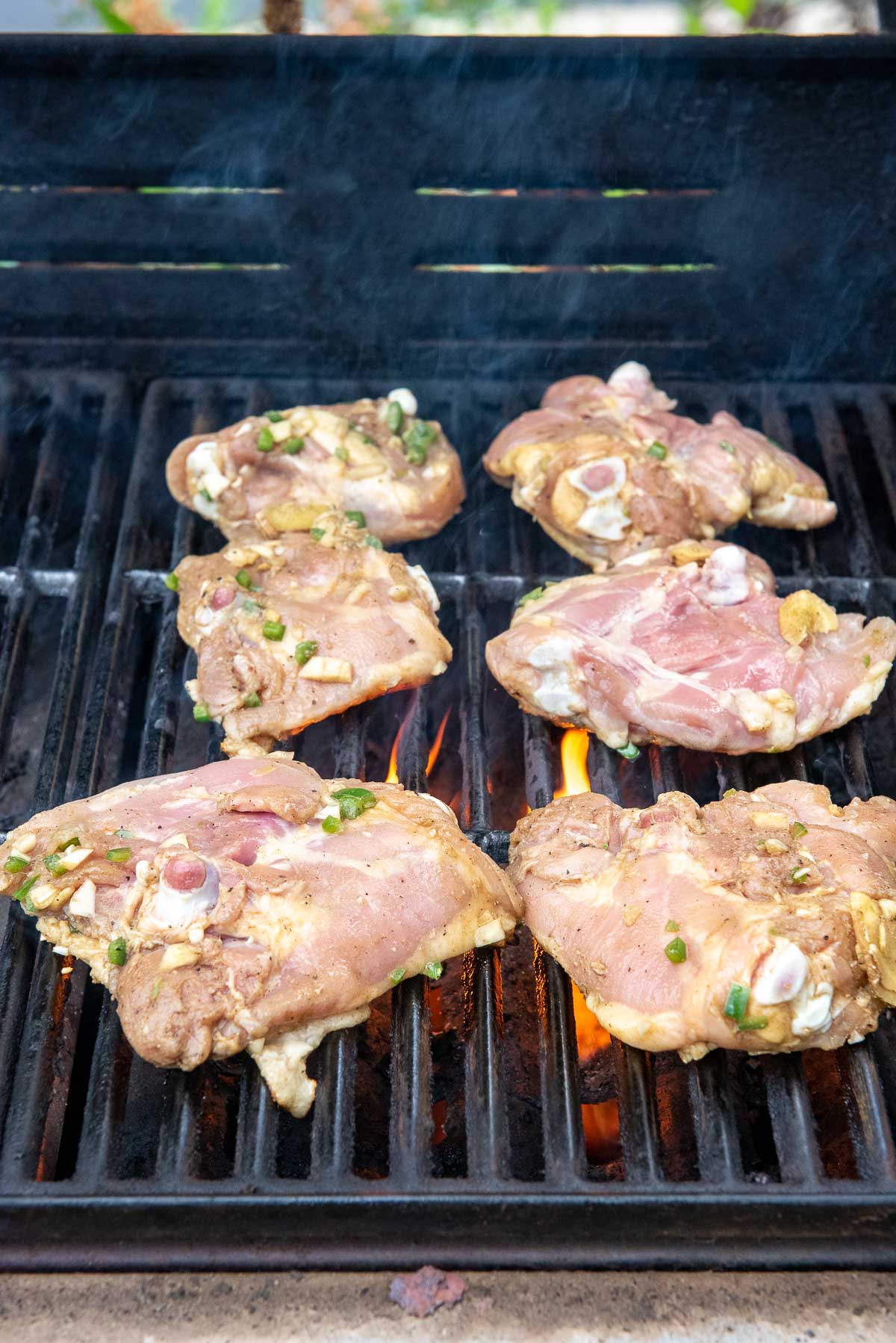 thai marinated chicken thighs searing on grill