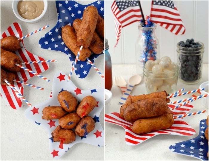 Mini Jalapeno Corn Dogs and Corn Dog Bites with red white and blue plates