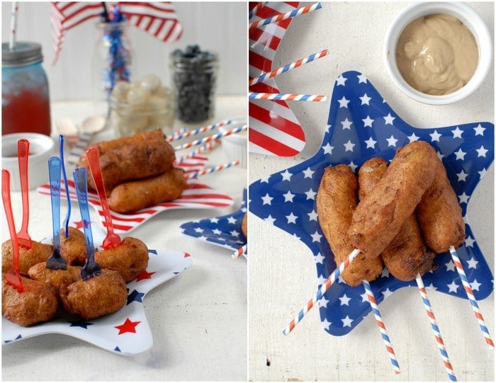 Mini Jalapeno Corn Dogs and Corn Dog Bites on star plates