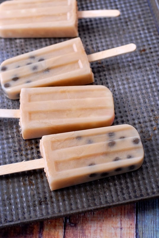 Chai-Coconut Milk Boba {Bubble Tea} Popsicles on metal tray