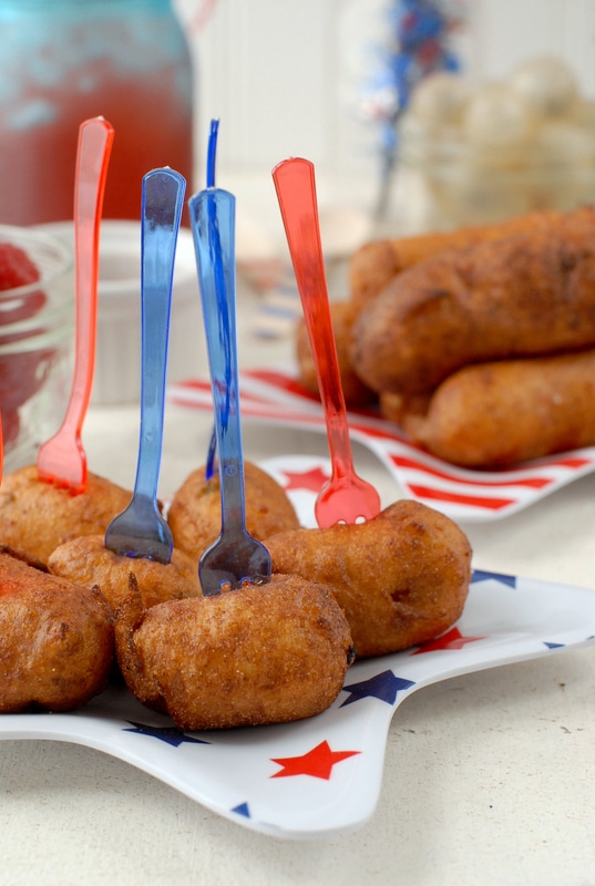 Jalapeno Corn Dog Bites with red and blue mini forks